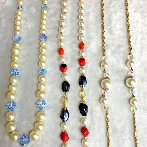 Vintage Lot Of 3 Aurora Borealis Crystal & Faux Pearl Beaded Necklaces 60s Retro - Picture 1 of 12